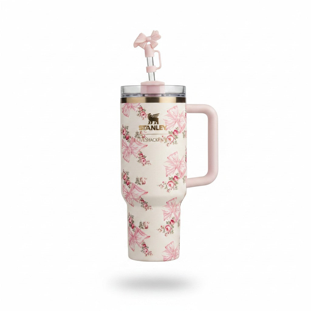 Stanley Cup x LoveShackFancy Holiday Quencher H2.0 Rosa Beaux Pink Bow 40oz