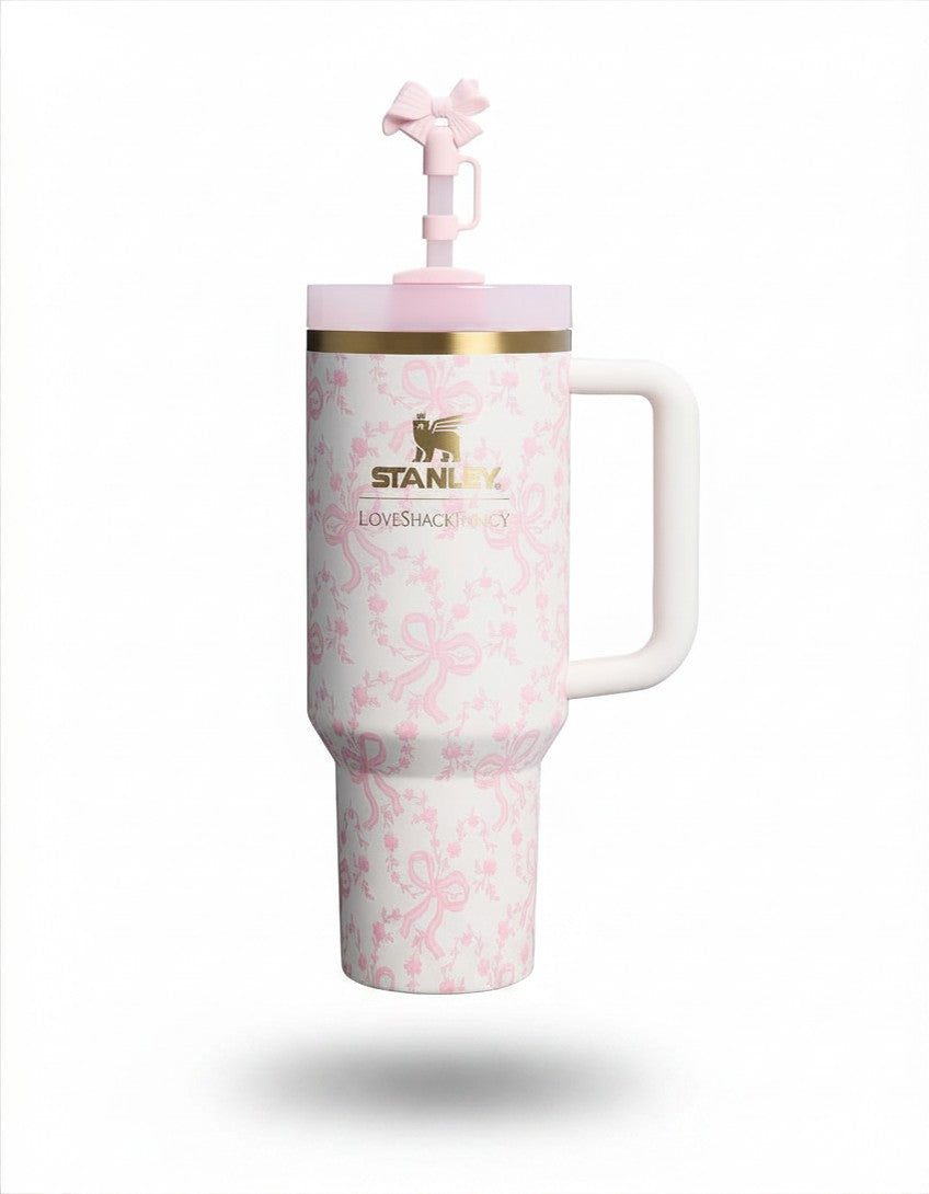 Stanley x LoveShackFancy 40oz insulated water bottle with coquette bow Chantilly design and floral pattern.