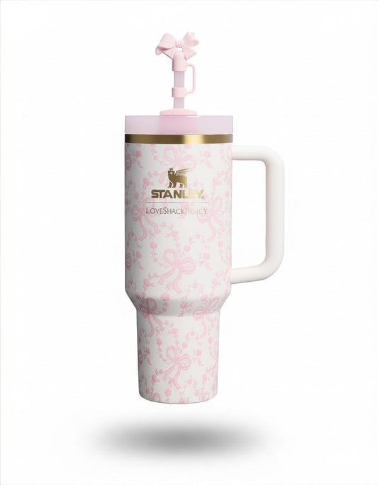 Stanley x LoveShackFancy 40oz insulated water bottle with coquette bow Chantilly design and floral pattern.