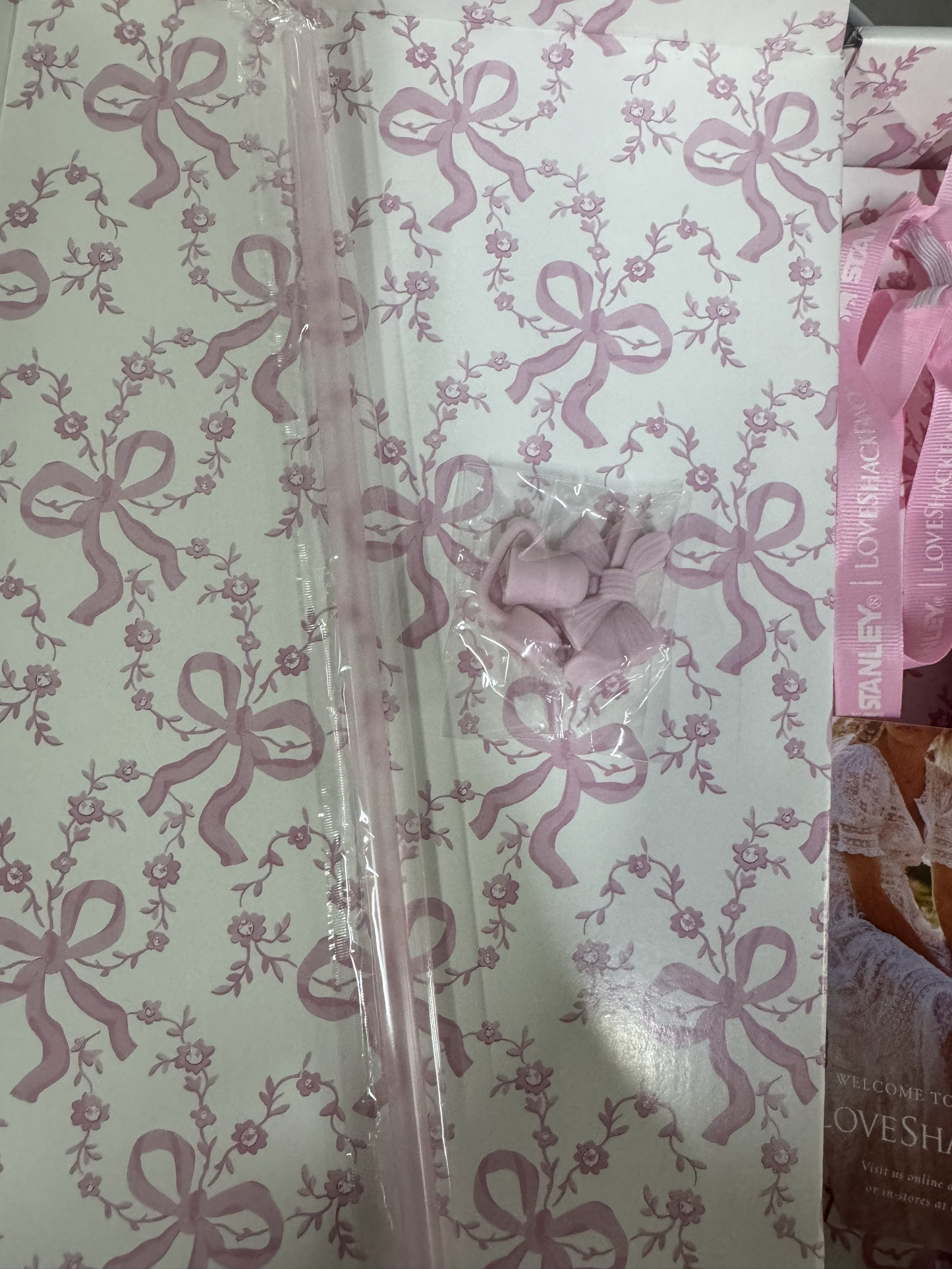 Stanley x LoveShackFancy 40oz insulated water bottle with Coquette Bow Chantilly design and floral pattern.
