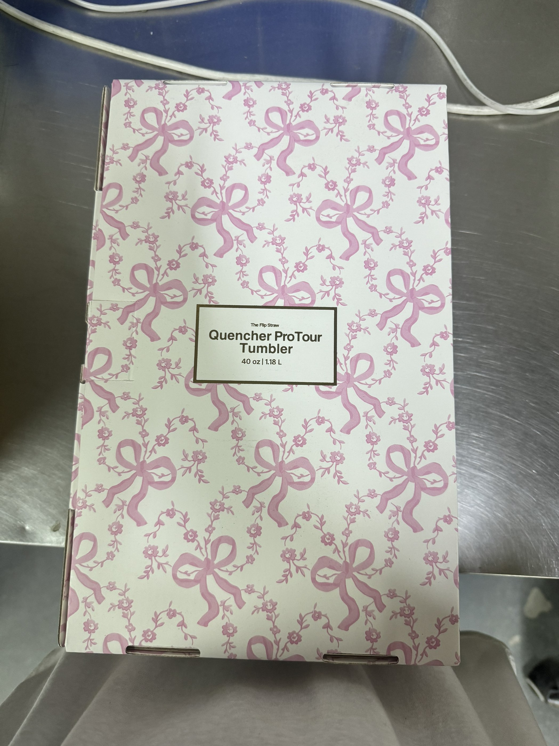 Stanley x LoveShackFancy 40oz insulated water bottle with Coquette Bow Chantilly design and flowState tumbler features