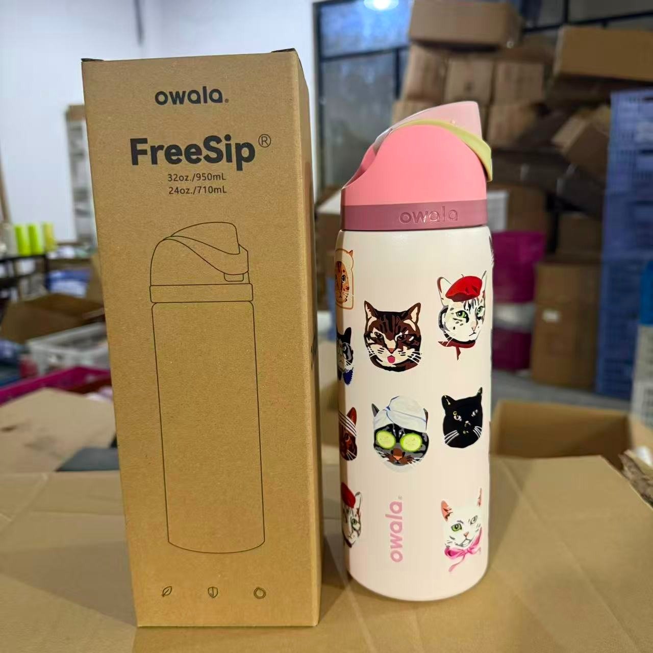 Limited Edition Owala 32oz FreeSip Cat Collage Blush Pink Catwala Bottle Exclusive New - Hydrate Hub